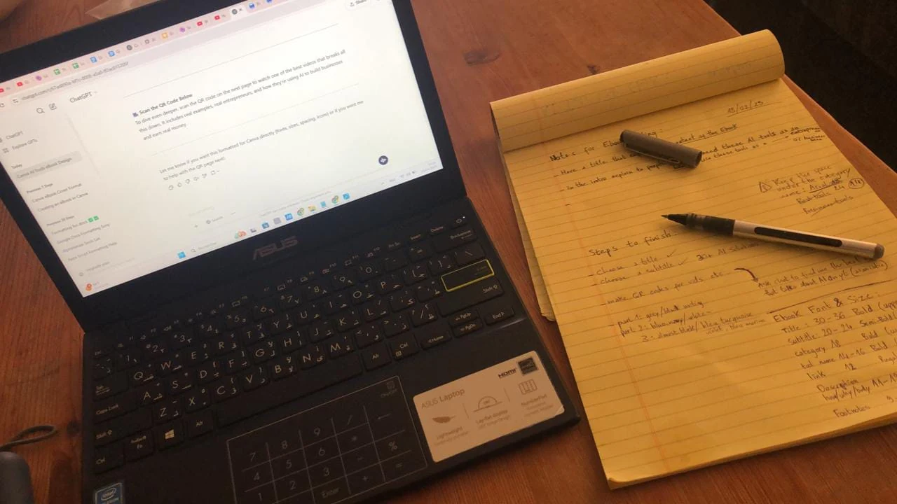 Espace de travail consacré à la préparation d’itinéraires, avec ordinateur, carnet, cartes et notes.